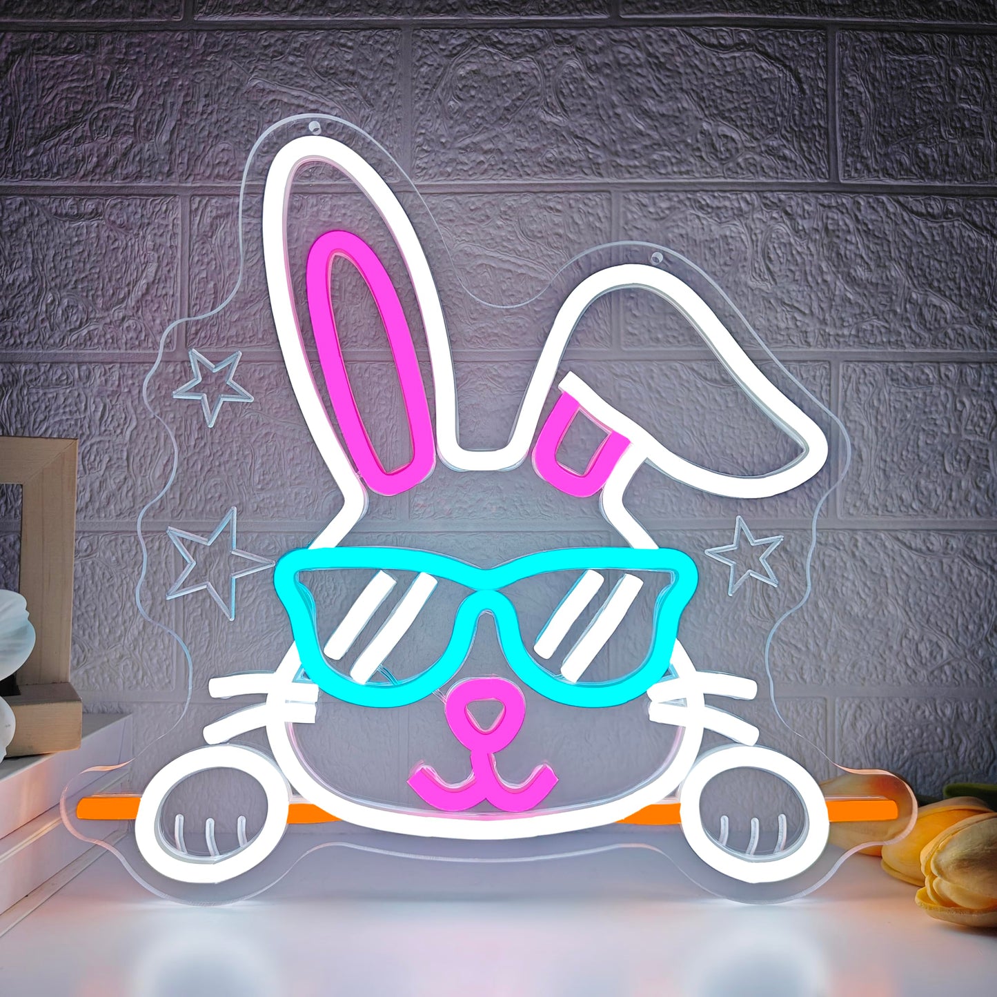 Bunny Neon Sign Happy Easter Neon Light for Home Dimmable Easter Decorations Neon Wall Art Glasses Rabbits LED light Sign for Bar Office Shop Bunny