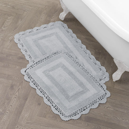 Laura Ashley Absorbent Bath Mat Reversible Crochet Soft and Plush Bathroom Mat 100% Cotton 2-Piece Bath Rug Set, Light Grey