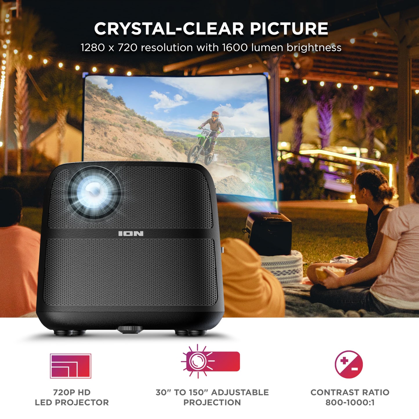 ION Portable Outdoor 720P HD LED Projector with Bluetooth, 70W Speakers, Microphone and Rechargeable Battery for Movie and Karaoke Evenings - USB