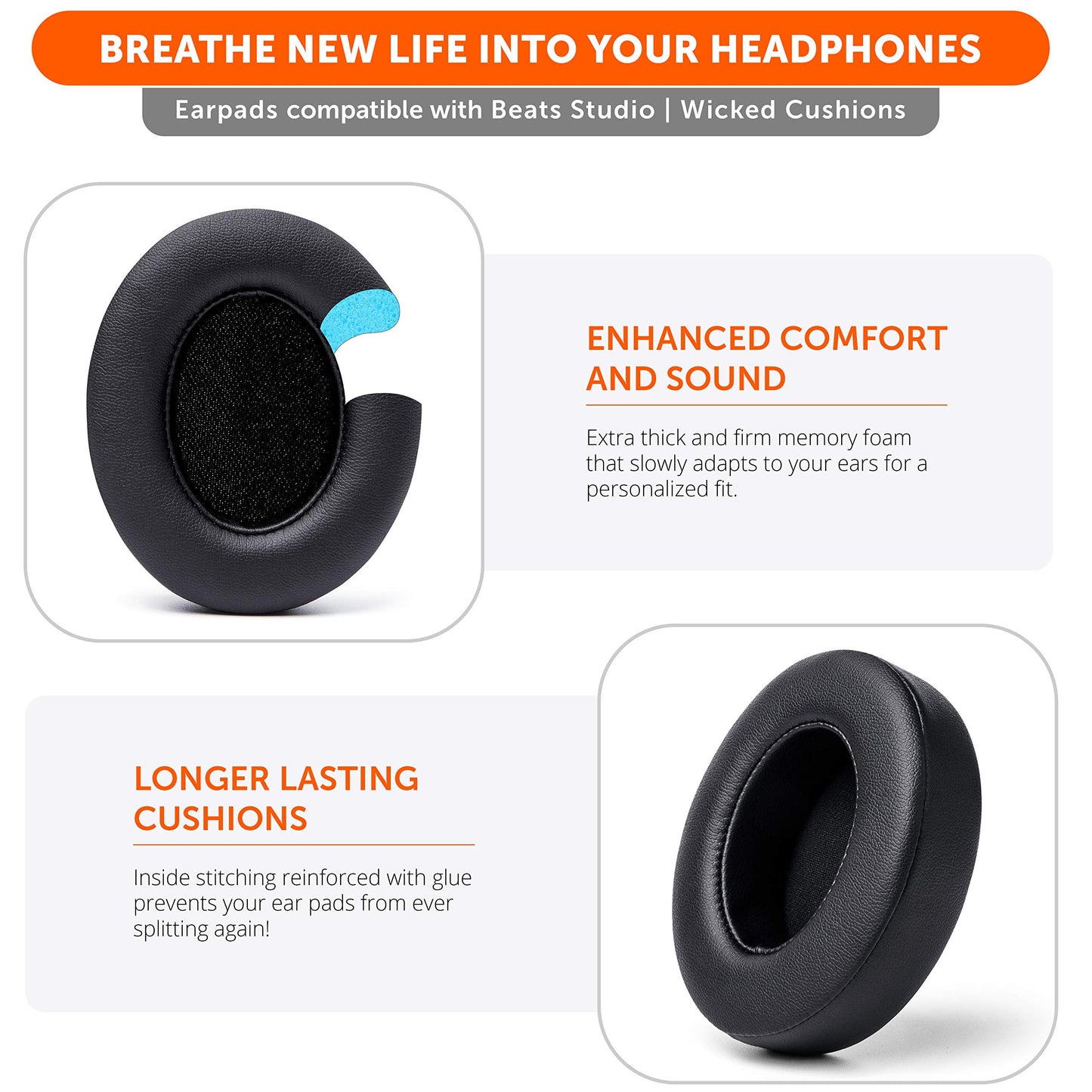 WC Wicked Cushions Replacement Ear Pads for Beats Studio 2 & 3 (B0501, B0500) Wired & Wireless | Does NOT Fit Beats Solo | Softer PU Leather, Enhanced