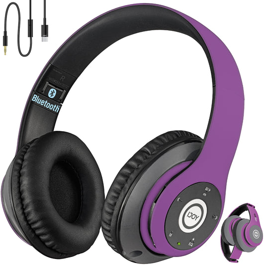 iJoy Bluetooth Headphones Over Ear, Wireless and Wired Foldable Headset Built-in Microphone, FM, Micro SD Card Slot - (Purple) Adults Kids Men Women