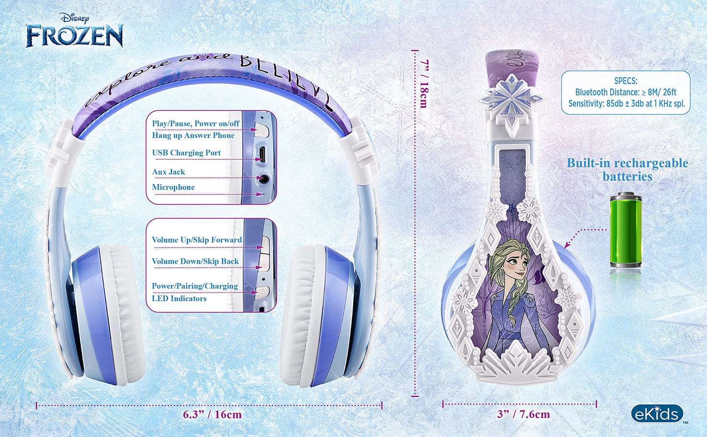 eKids Disney Frozen 2 Bluetooth Headphones with Microphone, Volume Reduced to Protect Hearing, Adjustable Wireless Headphones for School Home Travel…