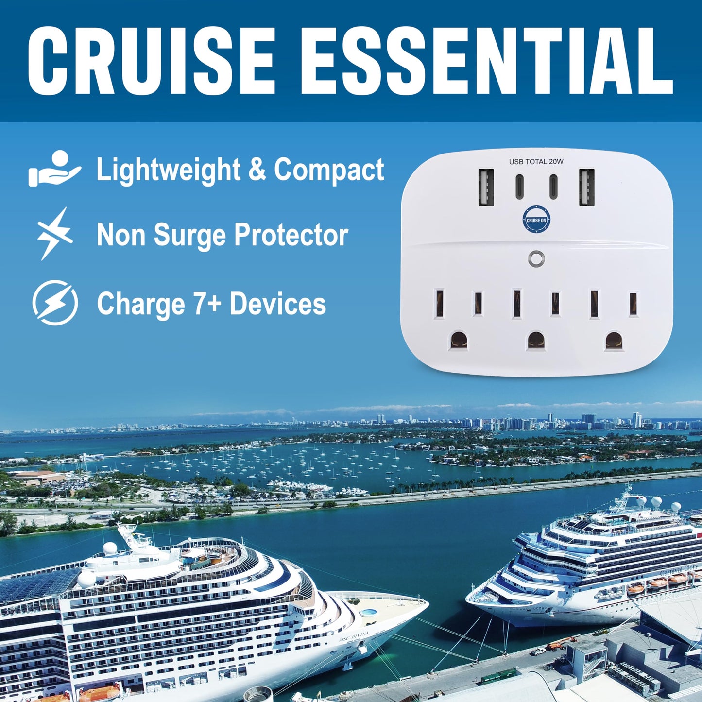 Cruise Approved Non Surge Power Strip [2 USBC, 2 USB, 3 AC] - Cruise Essentials for Carnival, Celebrity, Princess, Norwegian, MSC & Major Cruise Lines