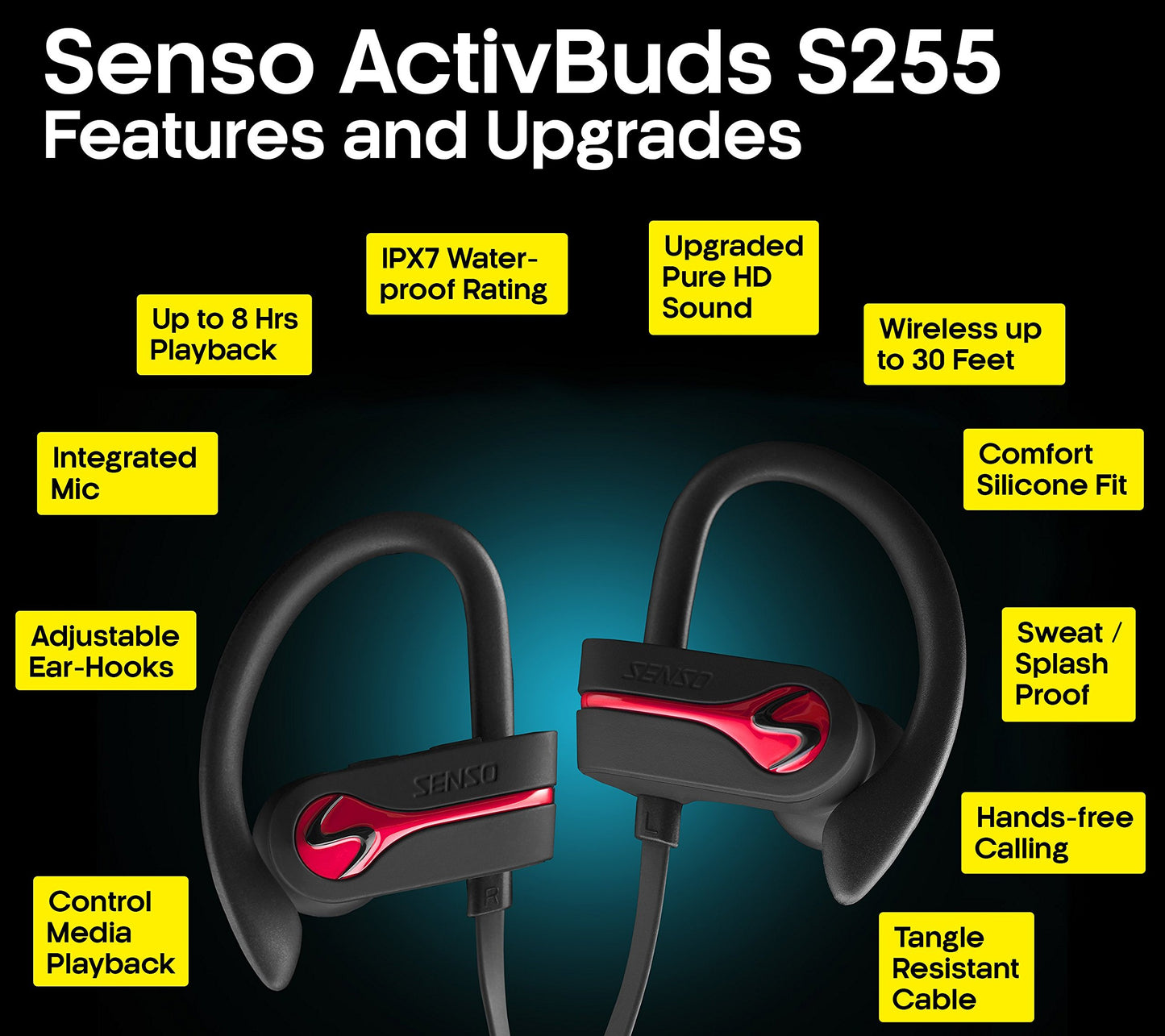 SENSO Bluetooth Headphones, Best Wireless Sports Earphones w/Mic IPX7 Waterproof HD Stereo Sweatproof Earbuds for Gym Running Workout 8 Hour Battery