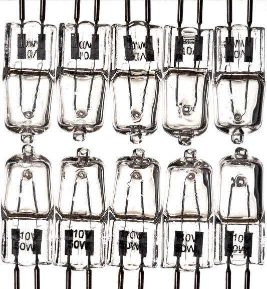 TVaromatics 50W 110V JCD T4 Clear Halogen G5.3 Bipin C2V Filament Pack of 10 Bulbs for Aroma Lamps Oil Warmers
