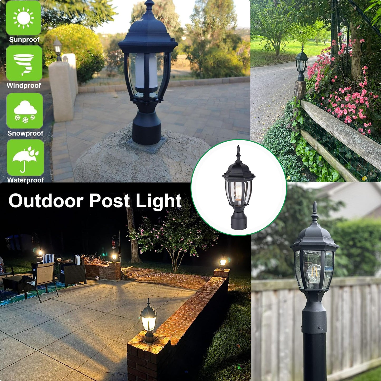 LIT-PaTH Outdoor Post Lighting Fixture Pole Lantern, 16'' Waterproof Aluminum Post Lamp with Clear Glass, E26 Socket, Outside Lights for House Yard