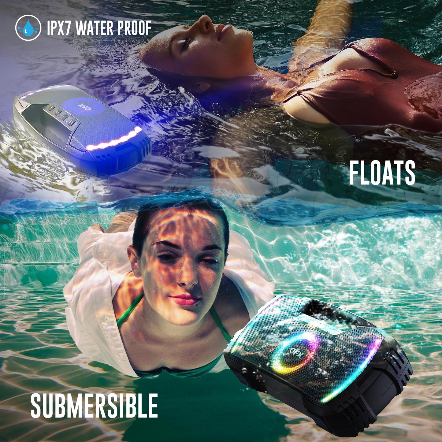 Powerful & Portable Waterproof All Terrain Bluetooth Speaker with Deep Bass, LED Party Lights, Fast USB-C Charging, FM Radio, AUX - QFX BT-ZX35