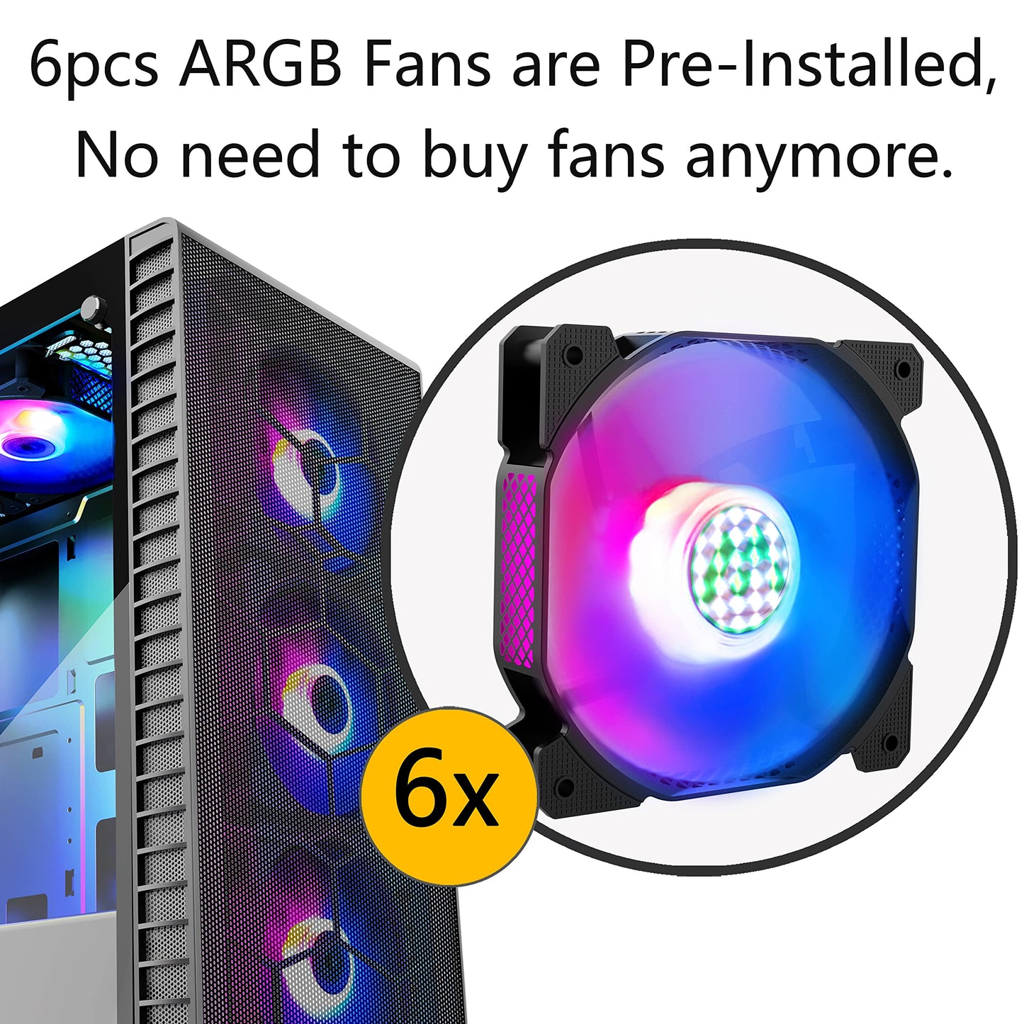 MUSETEX Mesh ATX Mid-Tower Computer Gaming Case with 6 PCS × 120mm LED ARGB Fans USB 3.0 Port Mesh Front Panel & Tempered Glass PC Chassis(G05MN6-HW)