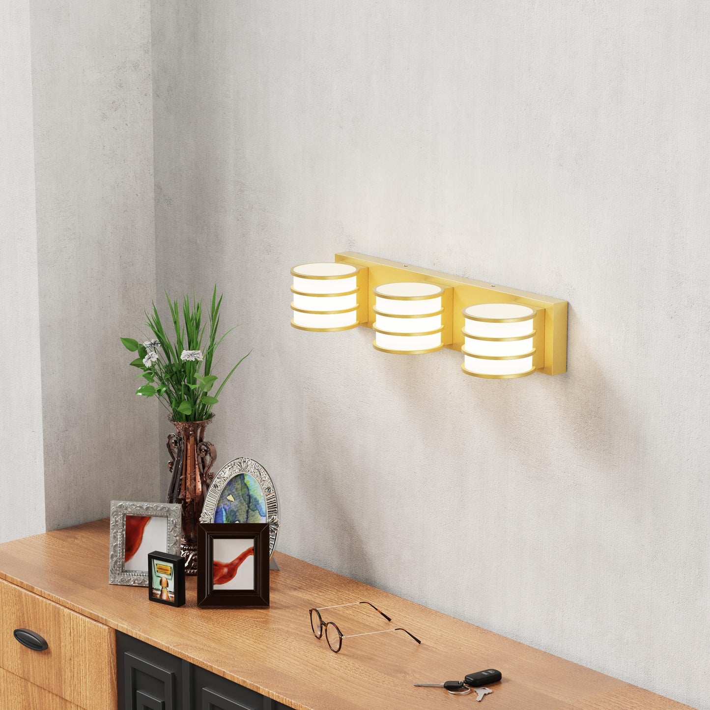 LED Bathroom Vanity Light - 20.5 Inch Gold 3-Light Fixture with White Acrylic Shades, 6000K Cool White, Mirror Lighting for Bathroom, Bedroom