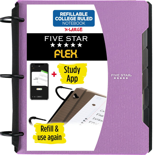 Five Star Flex Refillable Notebook + Study App, College Ruled Paper and 1-1/2 Inch TechLock Ring Binder with Pockets, Tabs and Dividers, 300 Sheet