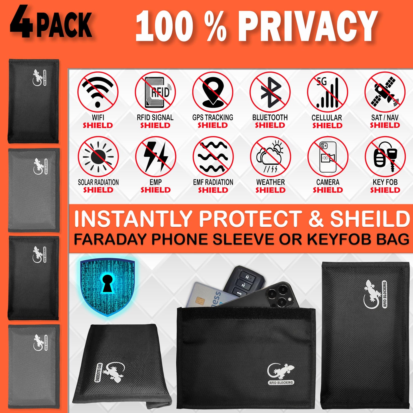 4 Faraday Bag Anti-Tracking GPS RFID Car Key Signal Blocker Wallet Shielding Pouch Protective Case for Cell Phone Car Key FOB, Data Privacy