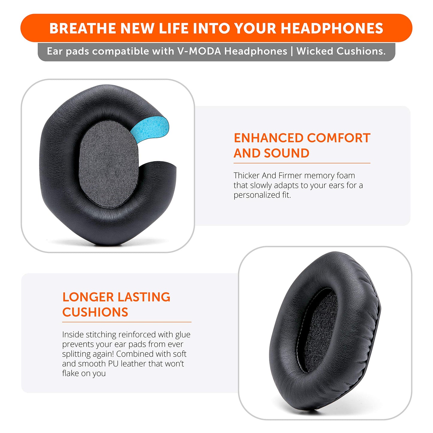 WC Wicked Cushions Replacement XL Ear Pads For Vmoda Headphones - Compatible with Vmoda M100 & Crossfade Series | Soft Leather, Luxurious Memory Foam