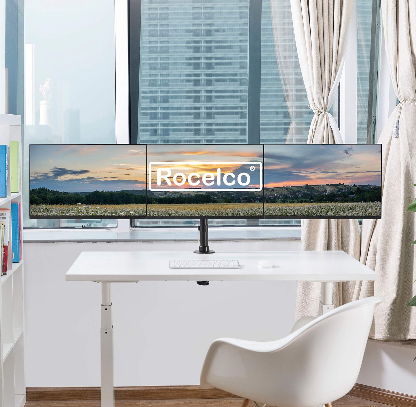 Rocelco Premium Triple Monitor Desk Mount - Standard Pattern Fits 13" - 27" LED LCD Flat Computer Screen - Three Articulated Full Motion Adjustable