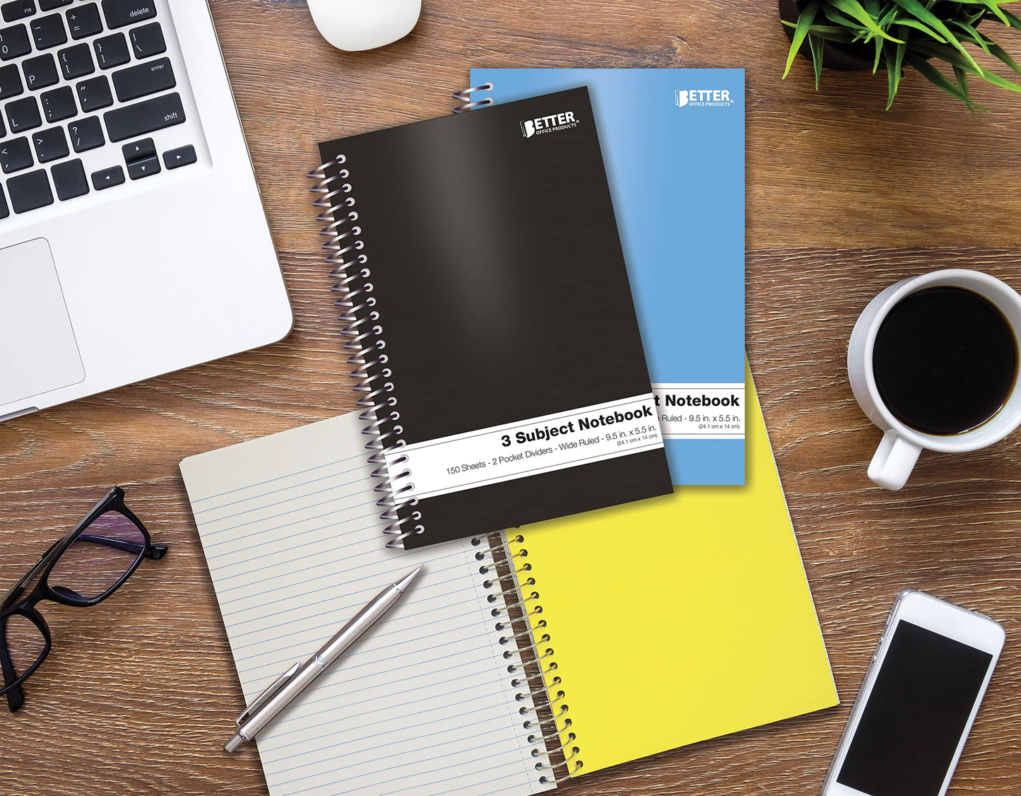 Better Office Products 3 Subject Spiral Notebooks, 9.5 x 5.5 inch, 6 Pack, 150 Sheet Notebook with 2 Double-Sided Pocket Dividers, Assorted Solid