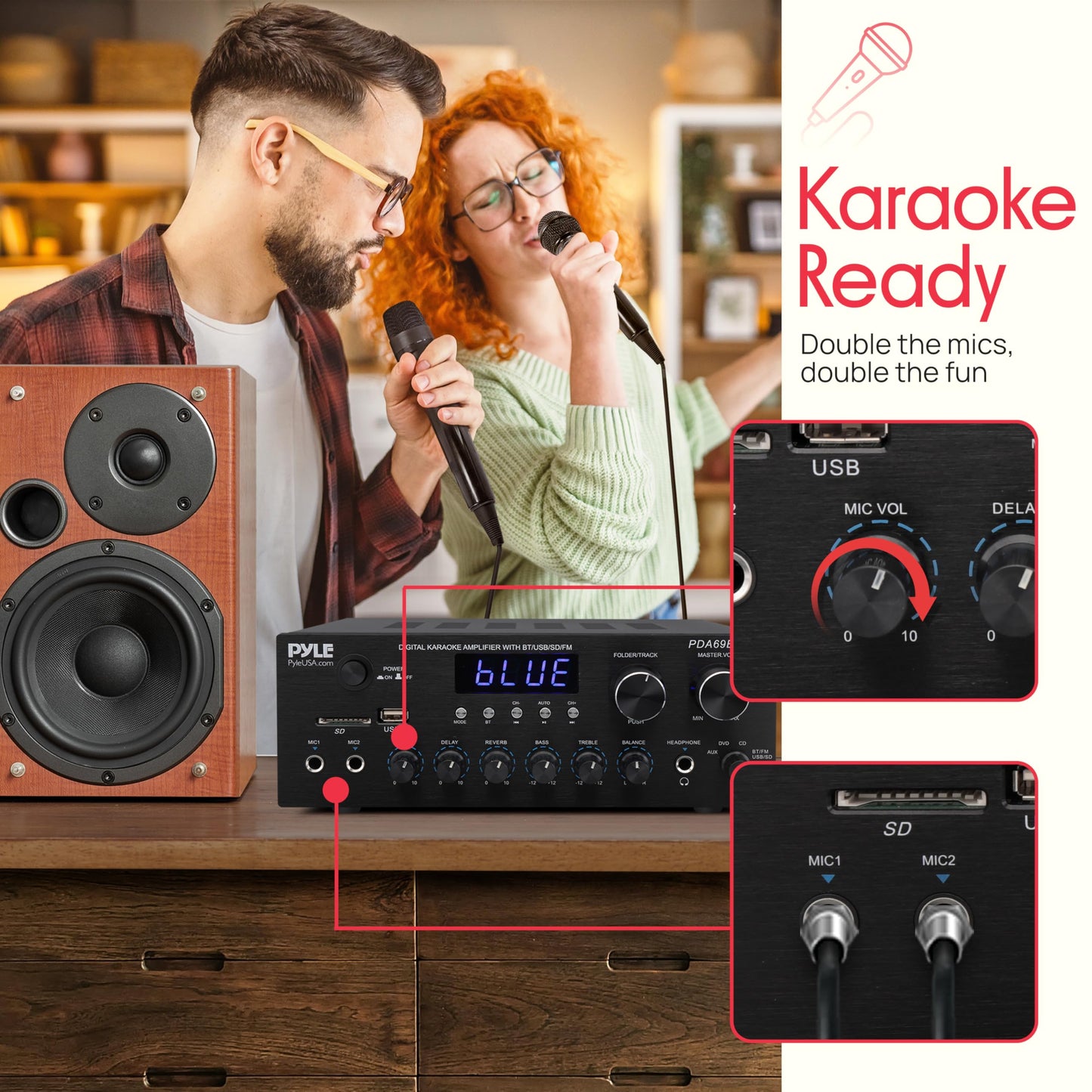 Pyle Home Karaoke Amplifier Receiver with Bluetooth Streaming, 200 Watt Peak, Dual Mic Inputs with Delay and Reverb, 2.0 Channel Hi Fi Sound System