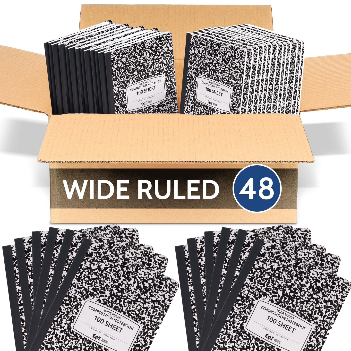 48 Pack - EPI Marble Hardcover Wide Ruled Composition Notebook | 200 Pages (100 Sheets), 9.75 x 7.5 in, Sturdy Sewn Binding | School, Office