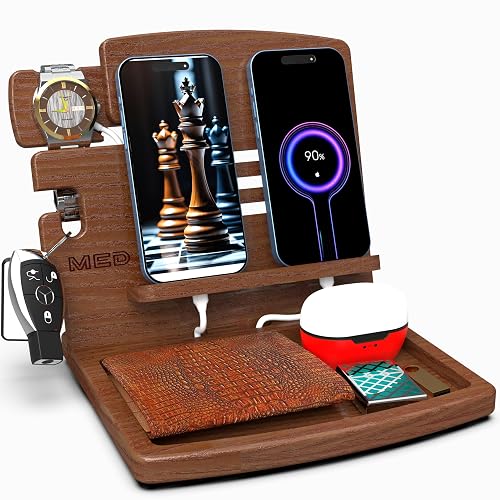 MED Wood Phone Docking Station Nightstand Desk Organizer for Phone, Watch, Wallet & Tablet Gift for Men, Husband, Father's Day, Dad & Women Model 1