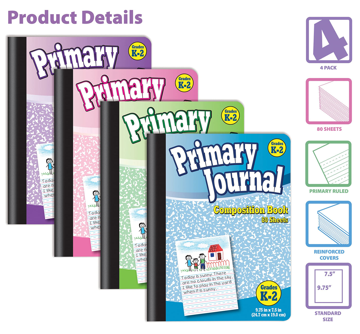 Better Office Products Primary Journal, Hardcover, 4 New Fun Colors, Primary Composition Book Notebook, Grades K-2, 80 Sheet, One Subject, 9.75" x