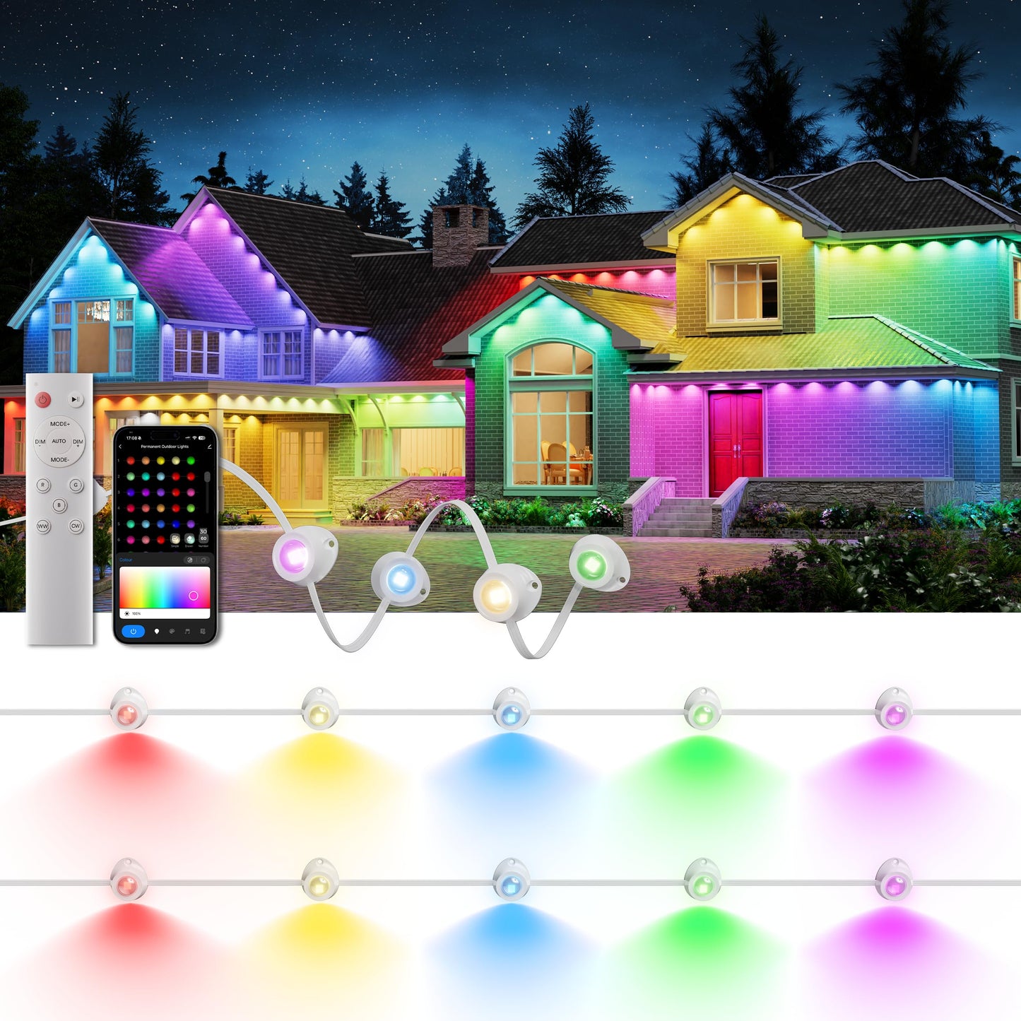 DeckTok Permanent Outdoor Lights, 100ft RGB & 60pcs LED Lights, 79 Scene Modes with Timer for Smart Outdoor Decorations, IP67 Waterproof Works