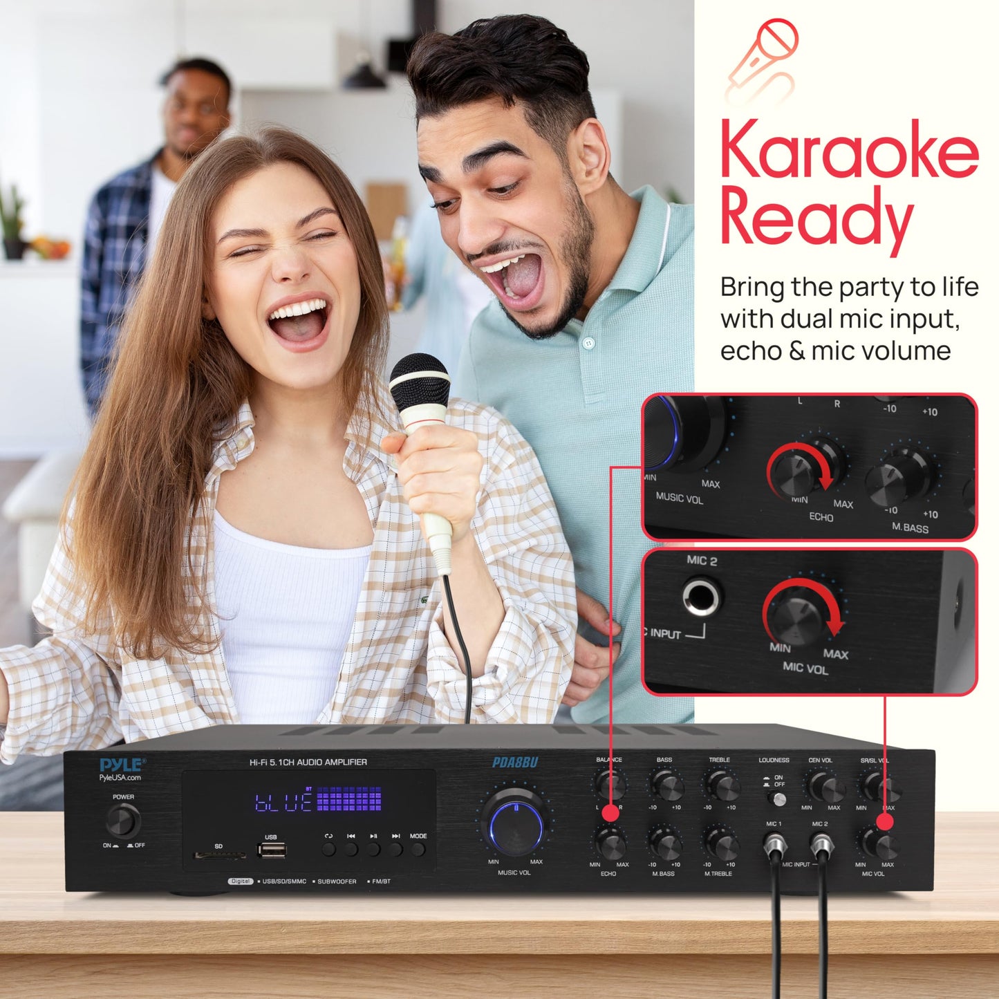 Pyle Bluetooth 5.1 Amplifier - Home Audio / Theater / Karaoke Receiver with 5 Channels and Subwoofer Out - 2 Mic Inputs w/ Echo, USB-A / SD Reader