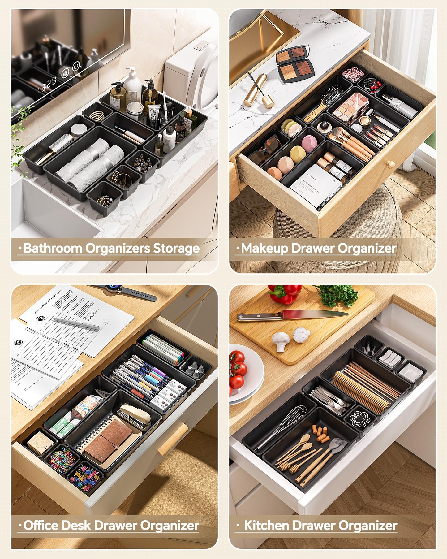 KEMETHY 25 PCS Plastic Drawer Organizers Set, 4 Sizes Vanity Organizer, Makeup and Desk Drawer Organizer Trays, Organization and Storage for Makeup