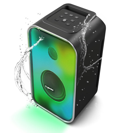 Gemini Portable Bluetooth Party Speaker with LED Lights, 6Hr Battery, IPX5 Waterproof, USB/AUX/FM Radio for Outdoor BBQ Pool Parties (GNV-60)