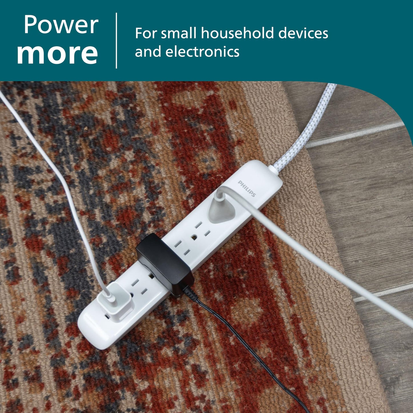 Philips 6 Outlet Power Strip Surge Protector, 6 Ft Power Cord, Designer Braided Extension Cord, Flat Plug, Perfect for Office or Home Décor, 1080