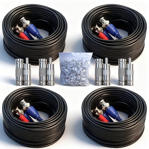 LETONDA 4PCS 100ft/30m Integrated BNC Video Power Cable ext. for Security Cameras, CCTV, Surveillance & DVR installs. Free 8×BNC connectors + 100 Wire