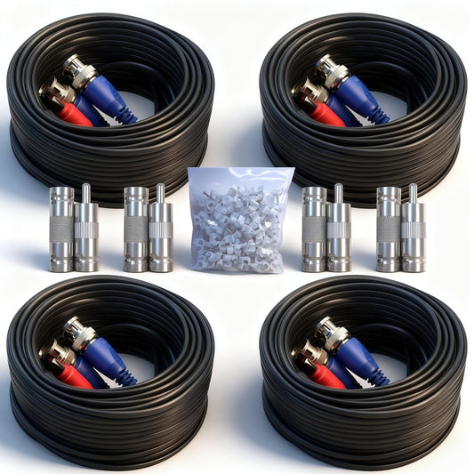 LETONDA 4PCS 100ft/30m Integrated BNC Video Power Cable ext. for Security Cameras, CCTV, Surveillance & DVR installs. Free 8×BNC connectors + 100 Wire