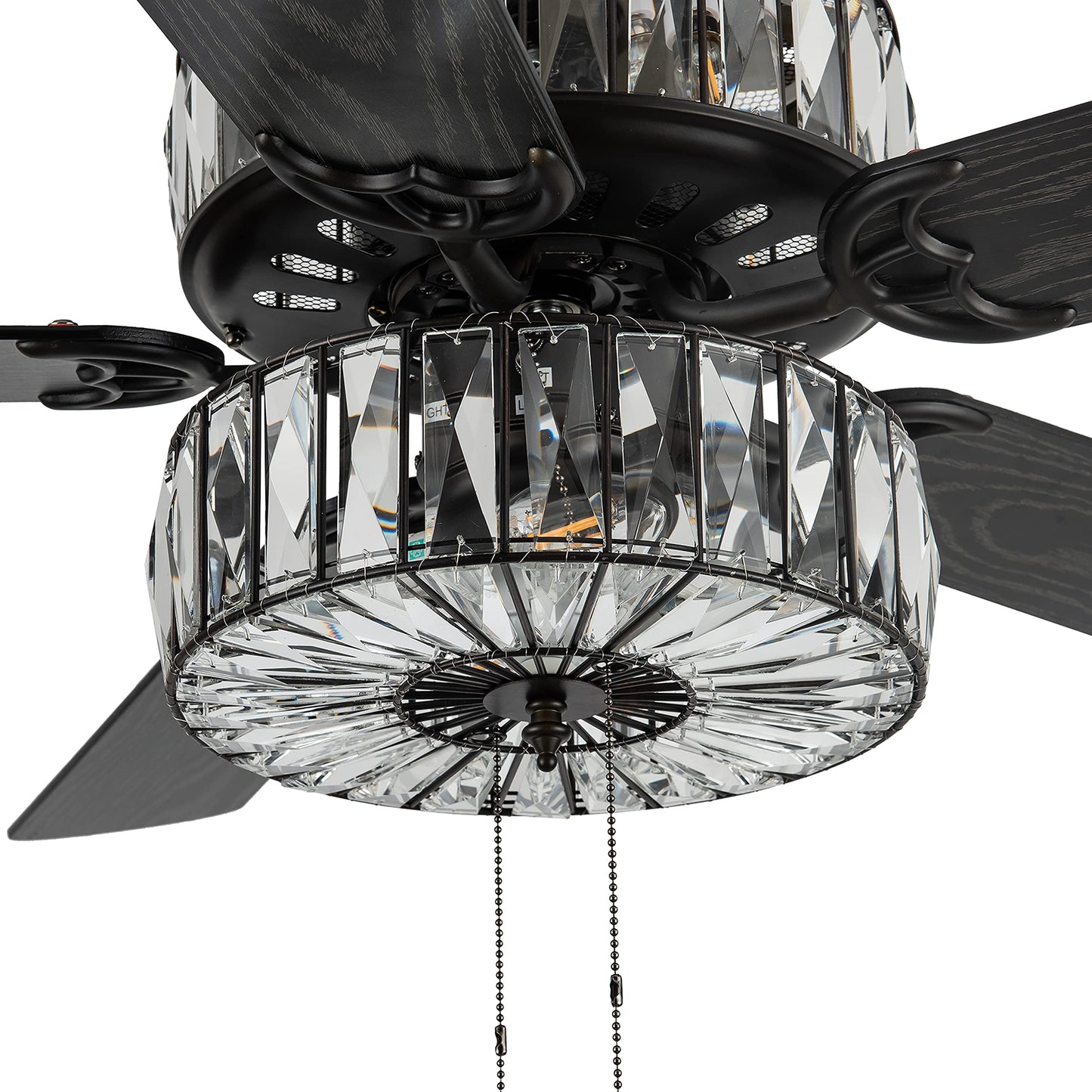 RIVER OF GOODS 52" Glam Double-Lit LED Ceiling Fan with Clear K-9 Crystal Caged Lights - Reversible Blades (Mahogany/Antique Black) - Dimmable Bulbs