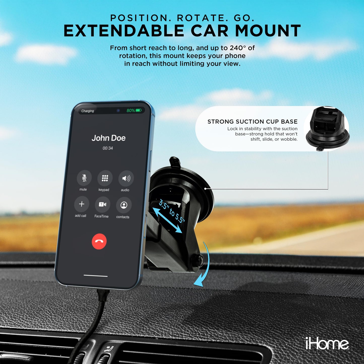 iHome 5-in-1 Complete Car Charging Kit, 15W MagSafe Charger, Dual Port Adapter, Mounts & Cable