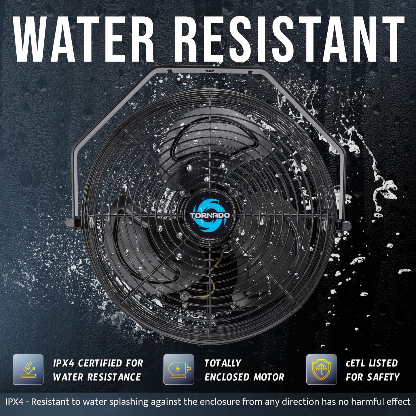 Tornado 12 Inch Outdoor Water-Resistant Wall Mounted Fan IPX4 Rated 3 Speed High Velocity Meatl Wall Fan For Commercial, Industrial, Residential, 6.6