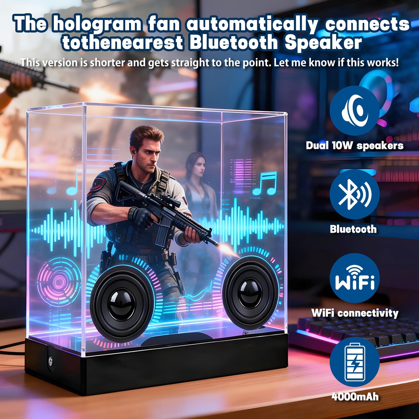 CAMINI 3D Hologram Fan with Bluetooth Speaker for Weddings & Gifts, 10'' Holographic Photo Display, Holographic Projector with APP Control, 20W Stereo