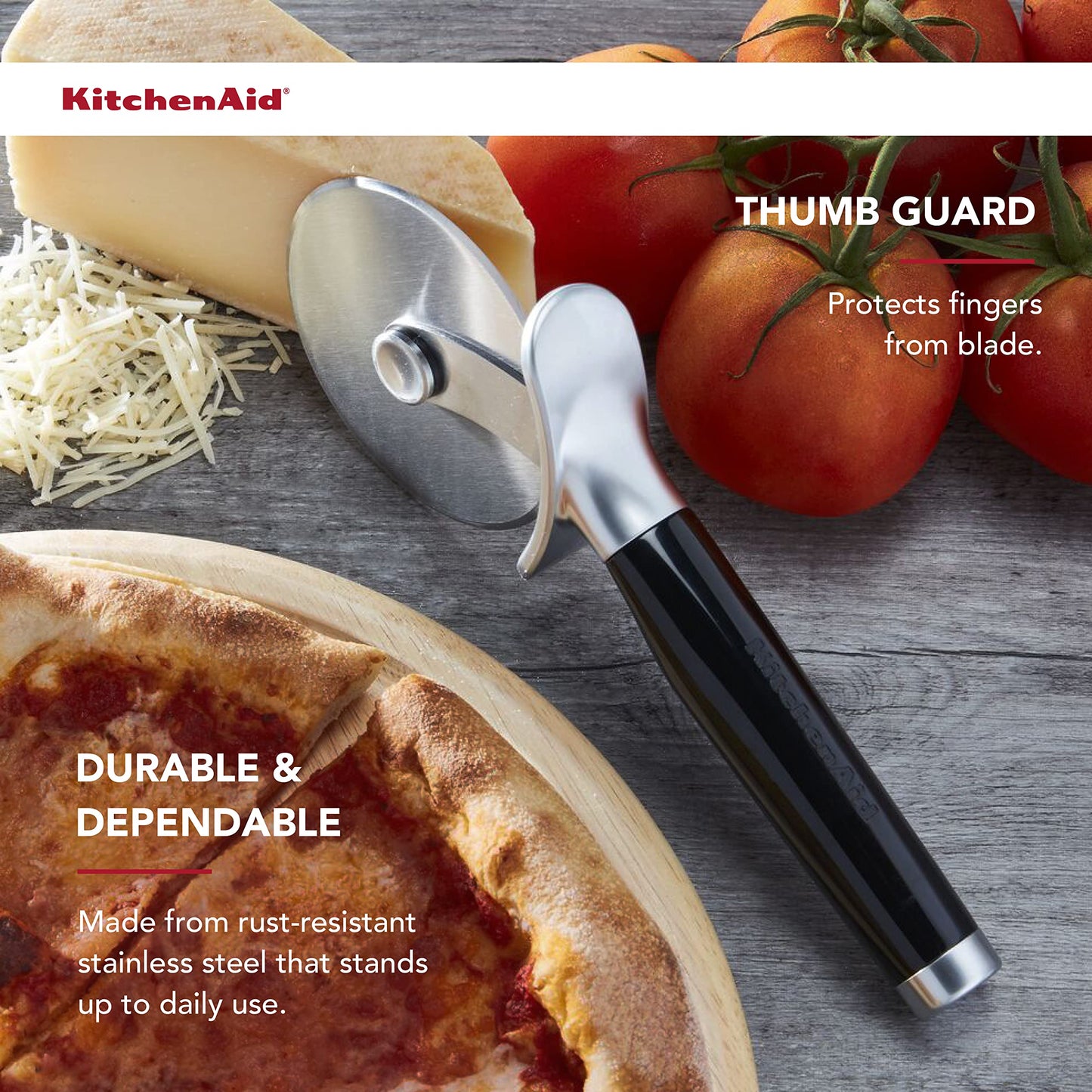 KitchenAid Classic Pizza Wheel, 9-Inch Sharp Blade for Cutting Pizza, Pies & More, Comfort Grip with Finger Guard, Dishwasher Safe, Black