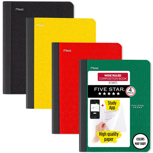 Five Star Composition Book + Study App, 4 Pack, Wide Ruled Paper, 7-1/2" x 9-3/4", 80 Sheets, Forest Green, Tidewater Blue, Fire Red and Harvest