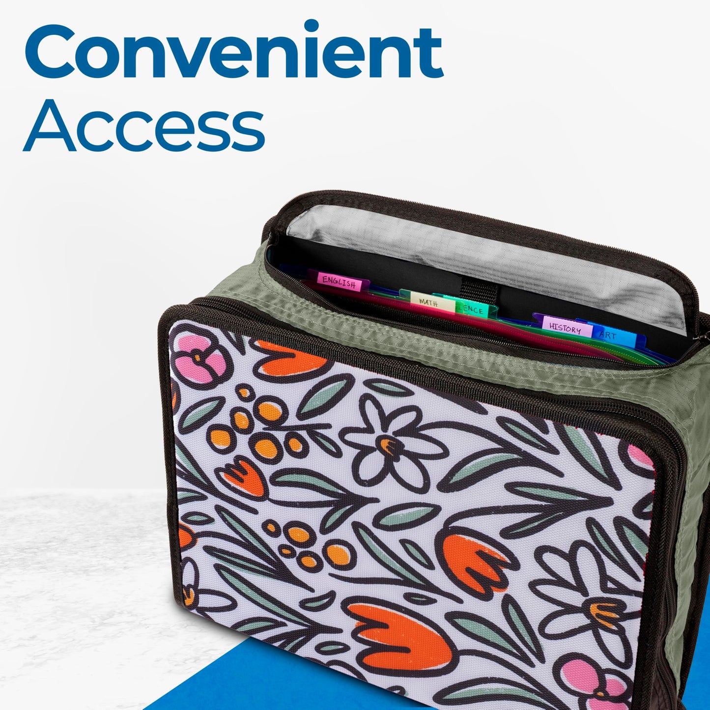 Case-it Mighty Zip Tab School Zipper Binder | 3-Inch O-Rings, 600-Sheet Capacity, 5-Subject Expanding File Folder, Multiple Pockets & Storage