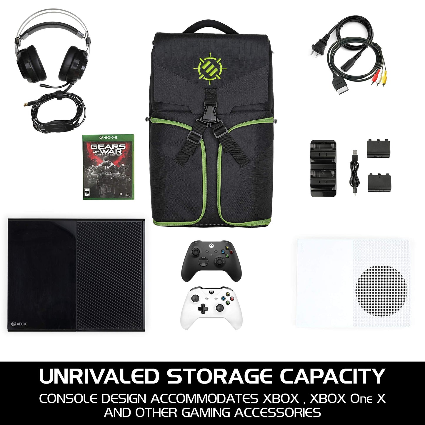 ENHANCE Xbox Backpack - Xbox Carrying Case Compatible with Series S, One X, One S - Storage Compartments for Controllers, Gaming Headset, Games & More