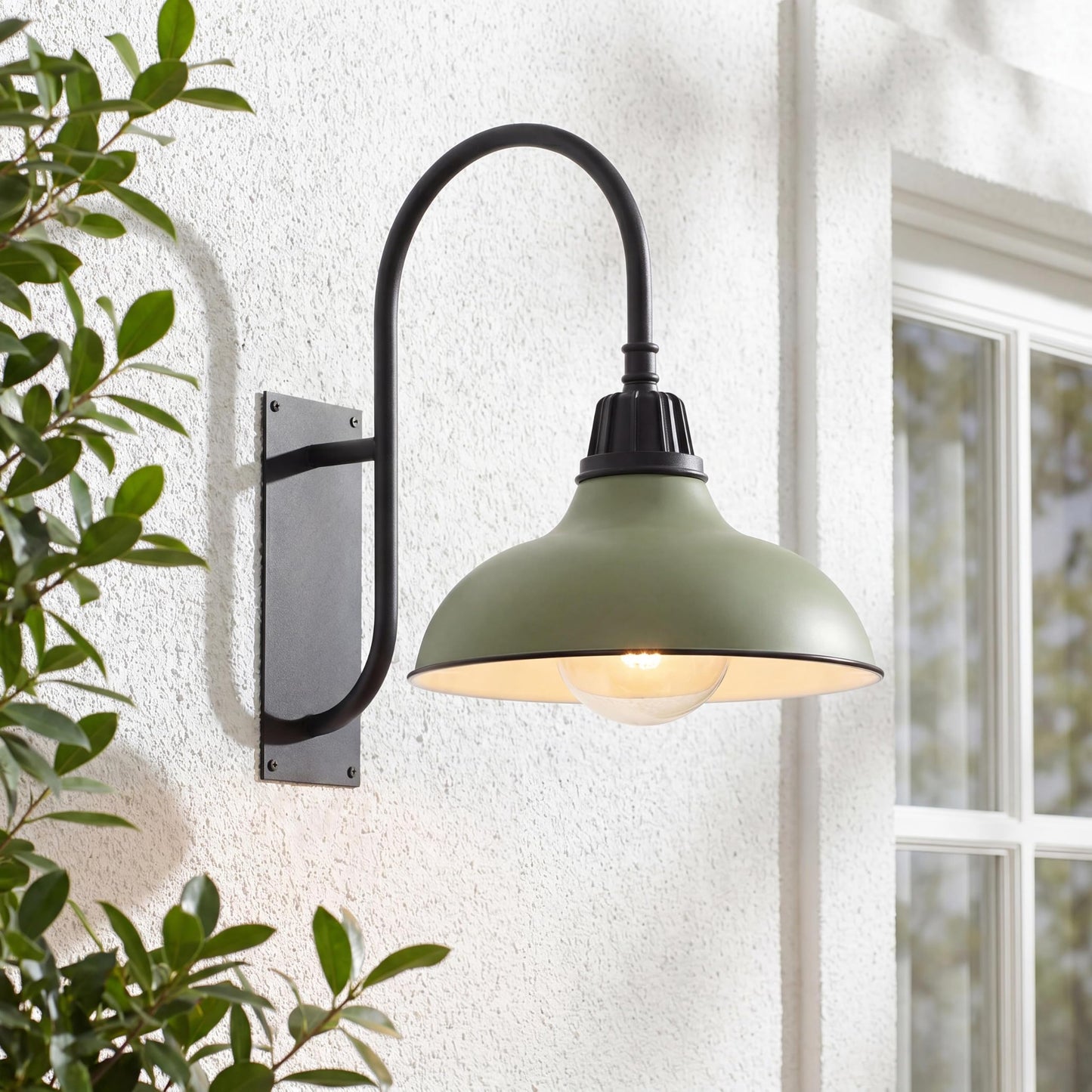 JONATHAN Y 12.25" Matte Olive Green/Black 1-Light Farmhouse Gooseneck Outdoor Wall Sconce Lamp, with Black Metal Bowl Shade, Industrial Iron LED Porch