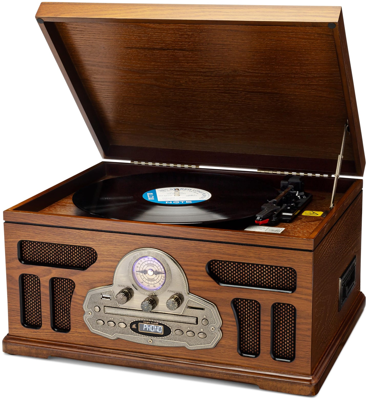 SoundBeast All-in-One Turntable with 3-Speed Record Player, Bluetooth, CD, Cassette Tape, AM/FM Radio, USB, Built-in Speakers, Handmade Wooden