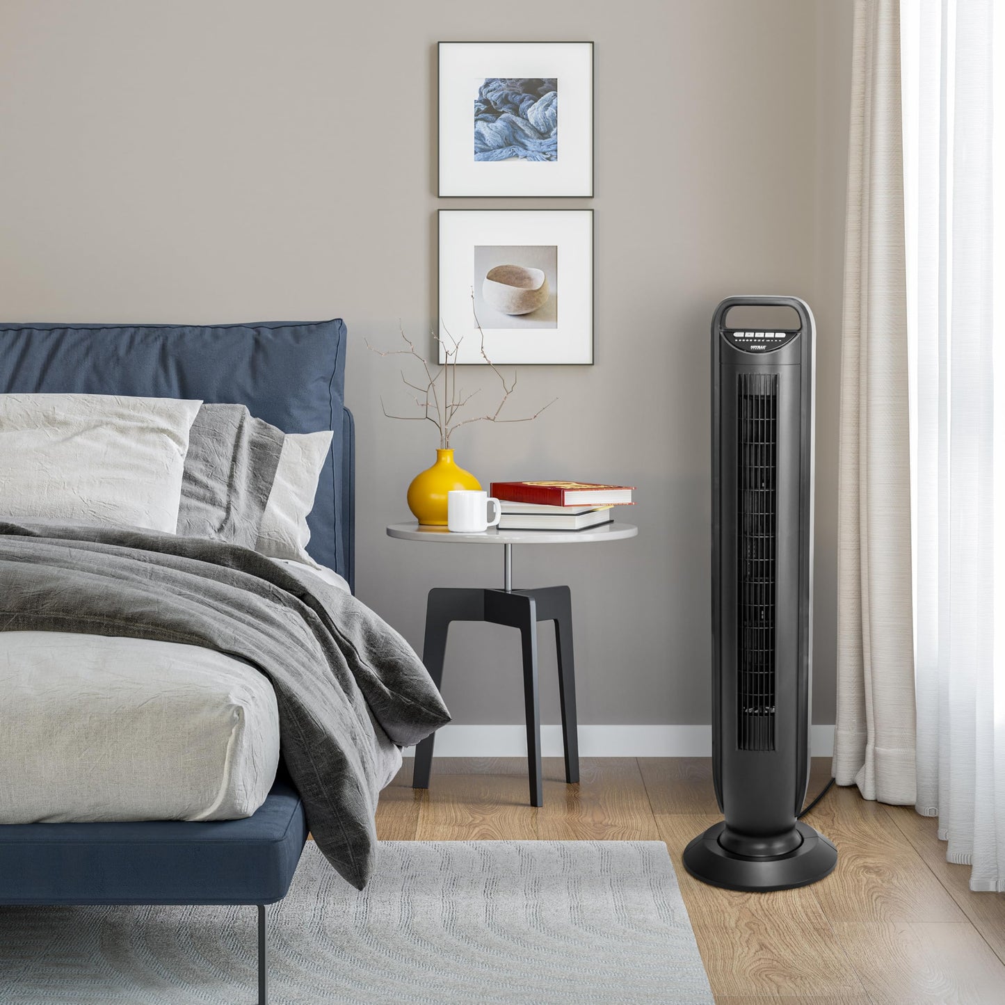 Seville Classics UltraSlimline Indoor Bladeless Oscillating Tower Fan Quiet Cooling LED Display Space-Saving for Home w/Remote and 7.5H Timer, Black