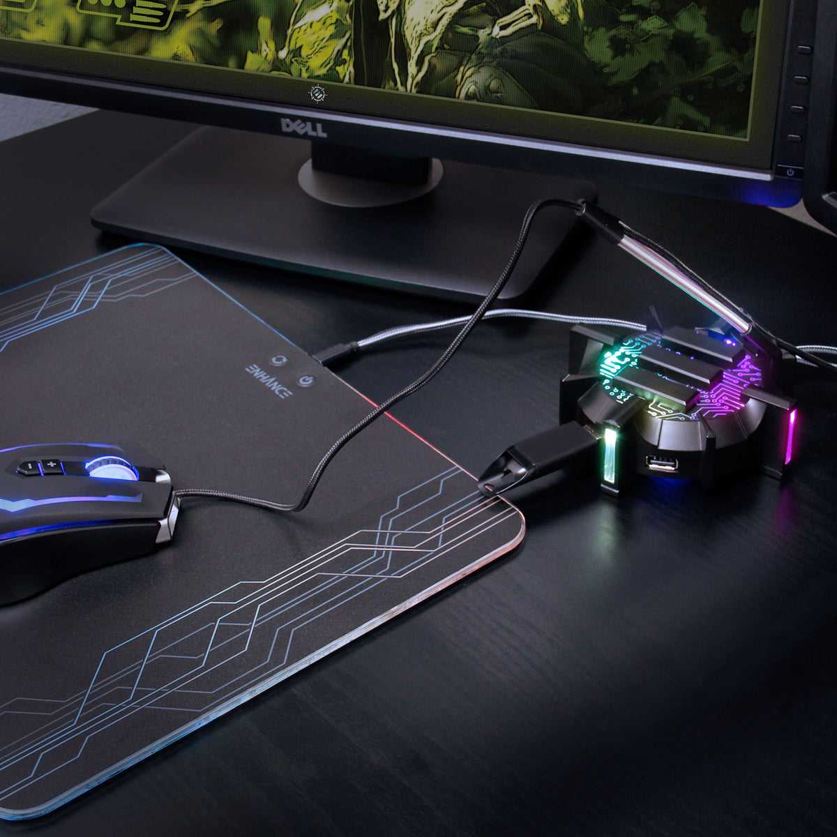 Enhance Pro Gaming Mouse Bungee Cable Holder 4 Port USB Hub with 7 LED Color Modes, Cable Management Support, Improved Accuracy and Weighted Design