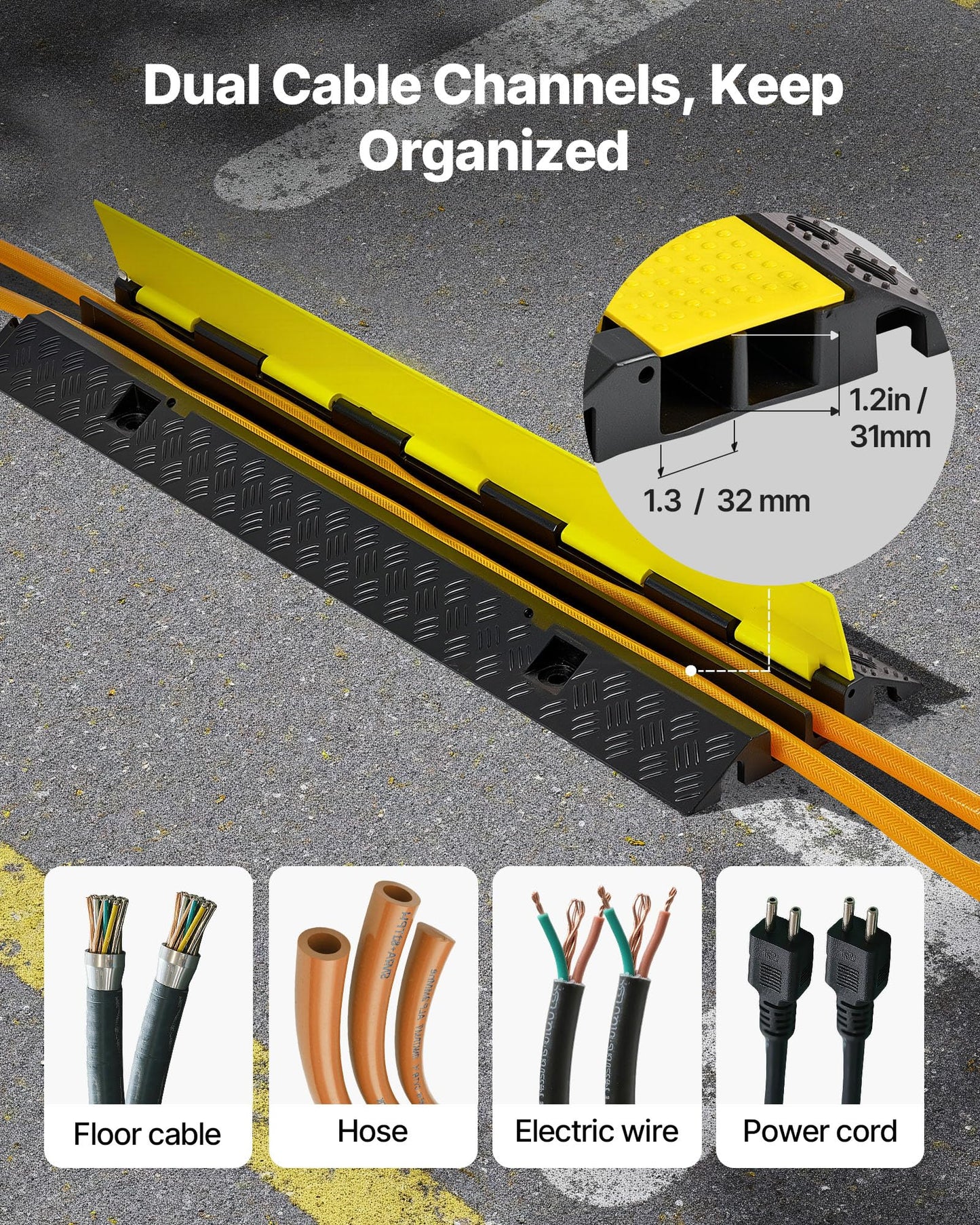 VEVOR Cable Protector Ramp, 22,000 lbs/axle Capacity, 2 Channel Heavy Duty Rubber Cord Hose Wire Cover, 1.3 x 1.2 in Channel, Traffic Speed Bump with
