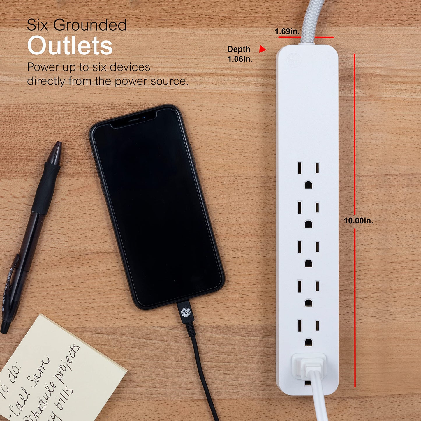 GE UltraPro 6 Outlet Surge Protector, 2 Ft Designer Braided Extension Cord, Flat Plug, Wall Mount, White, 45264