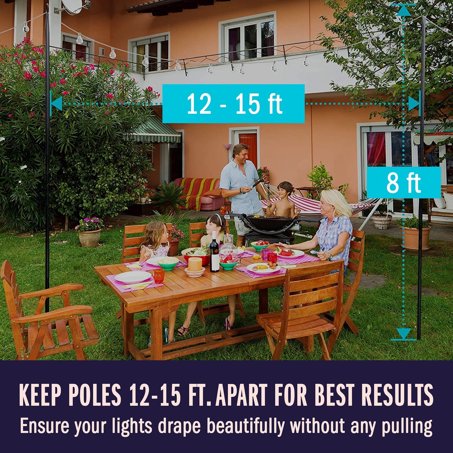 Holiday Styling String Light Poles for Outdoor String Lights - Metal Light Pole w/Hooks for Outdoor String Lighting - Patio Light Accessories Ideal