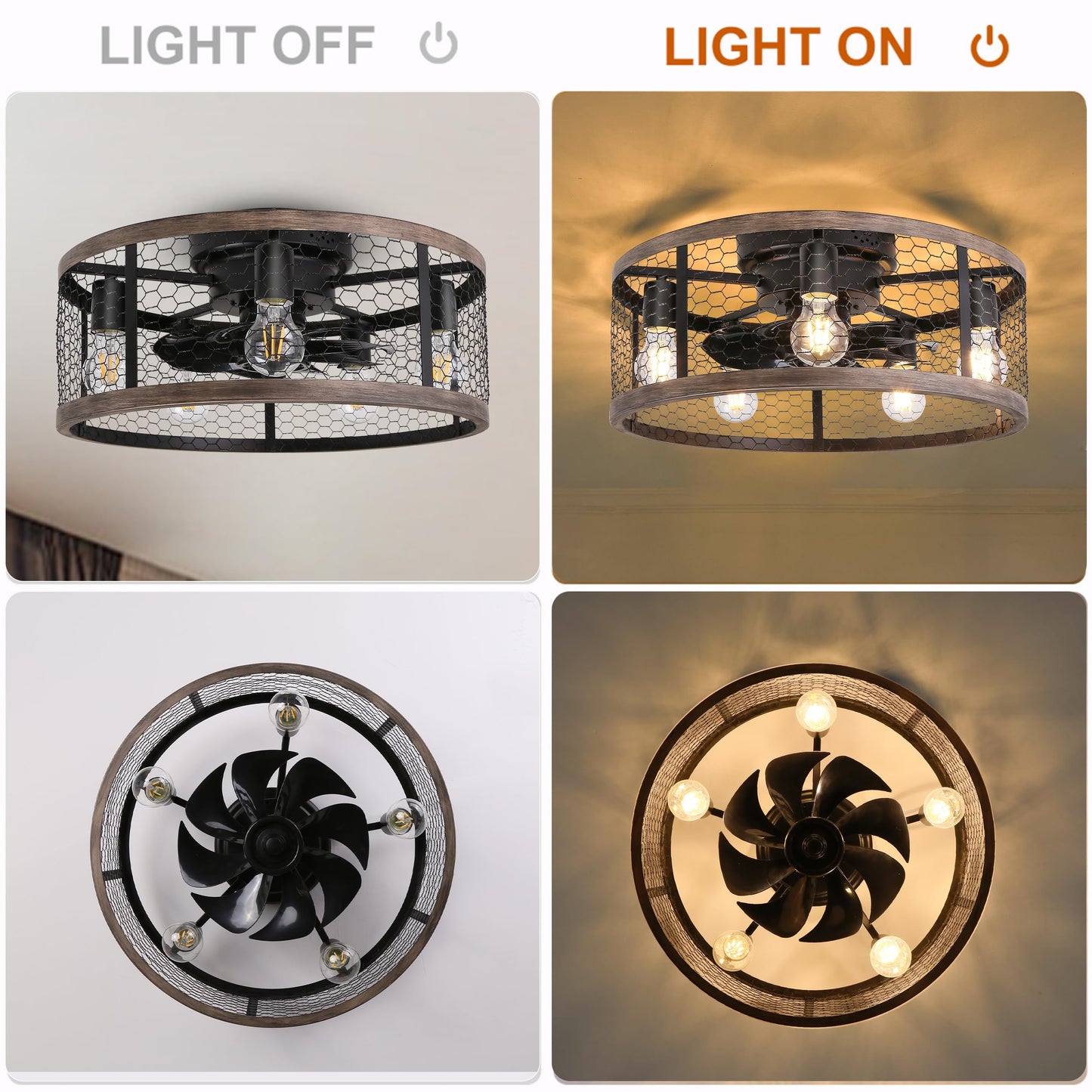Ohniyou 20" Rustic Farmhouse Caged Ceiling Fan with Lights and Remote