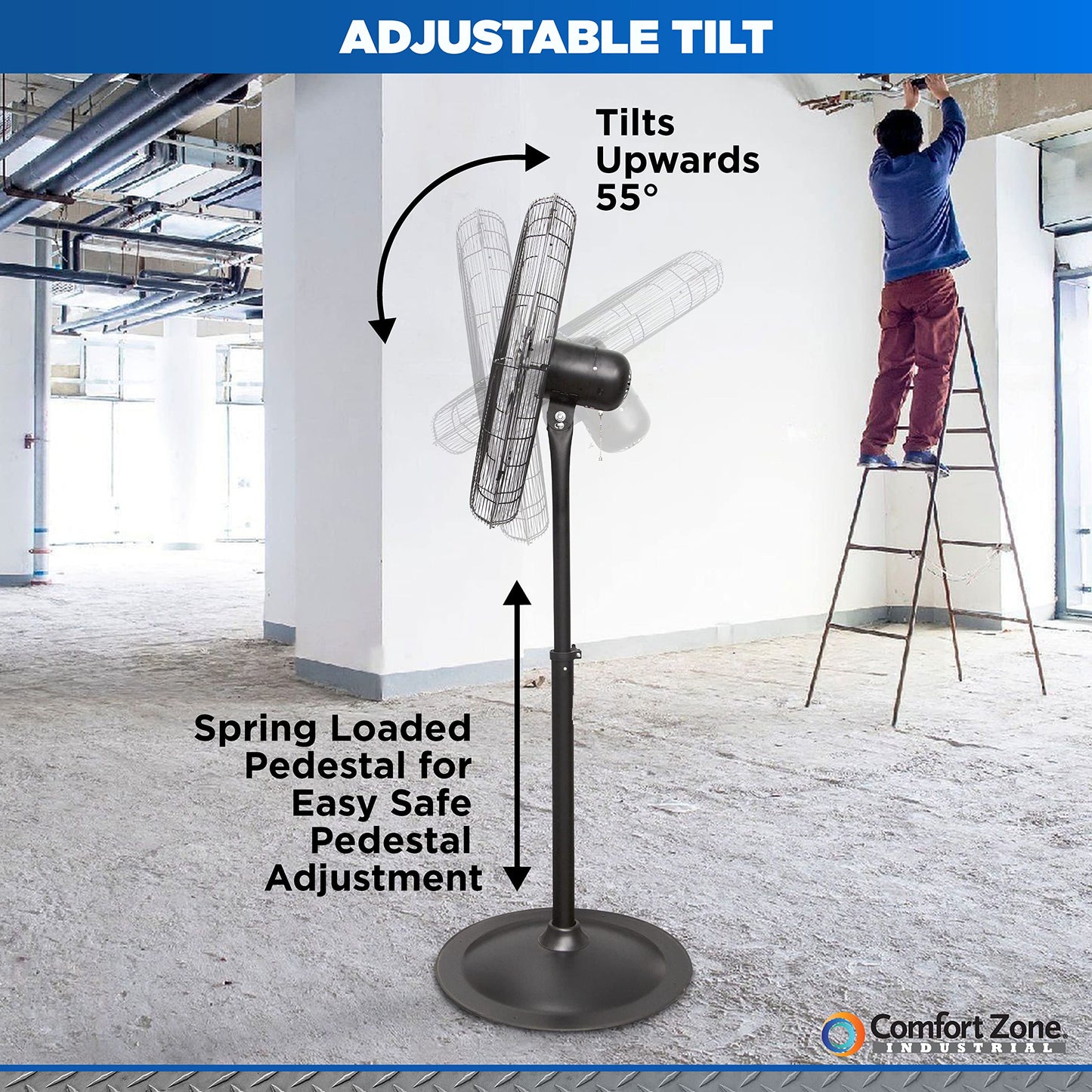 Comfort Zone Industrial Pedestal Fan, 30 inch, 3 Speed, High Velocity, Adjustable Height 56” to 76”, Metal, Meets OSHA Standards, Airflow 36 ft/sec