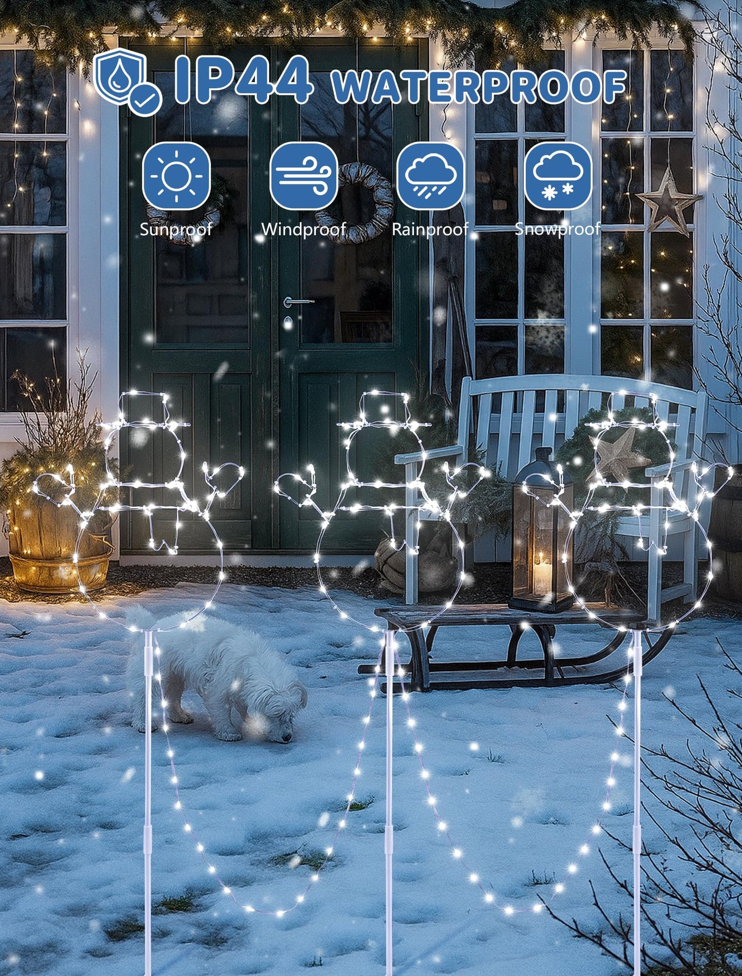 woohaha Christmas Snowman Pathway Lights,200 LED Plug in Garden Outdoor Decorations?Waterproof String Lights with 3 Snowman Stakes Light for Garden