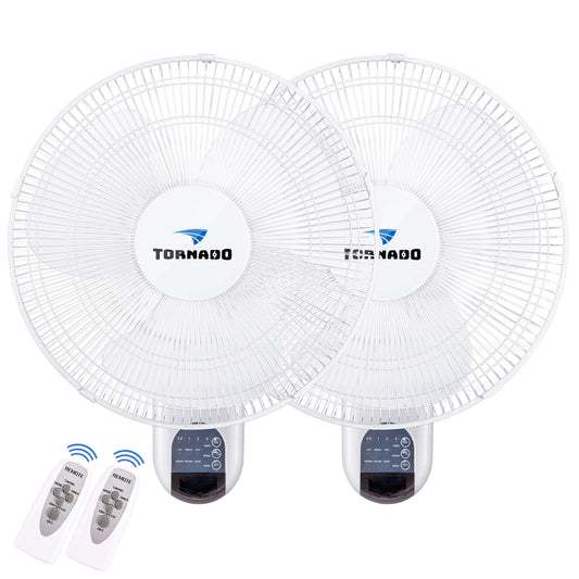 Tornado 2 Pack 16 Inch Wall Mounted Fan for Home, 90°Oscillating, Remote Control, 3 Speed 2650 CFM 6 FT Cord UL Safety Listed