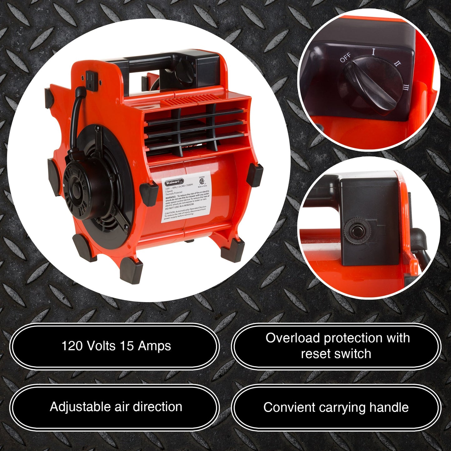 Blower Fan - 3-Speed Heavy-Duty Floor and Carpet Dryer - 1600 watts -Portable Air Mover with 4 Different Angles for Basements, Cars or Garages by