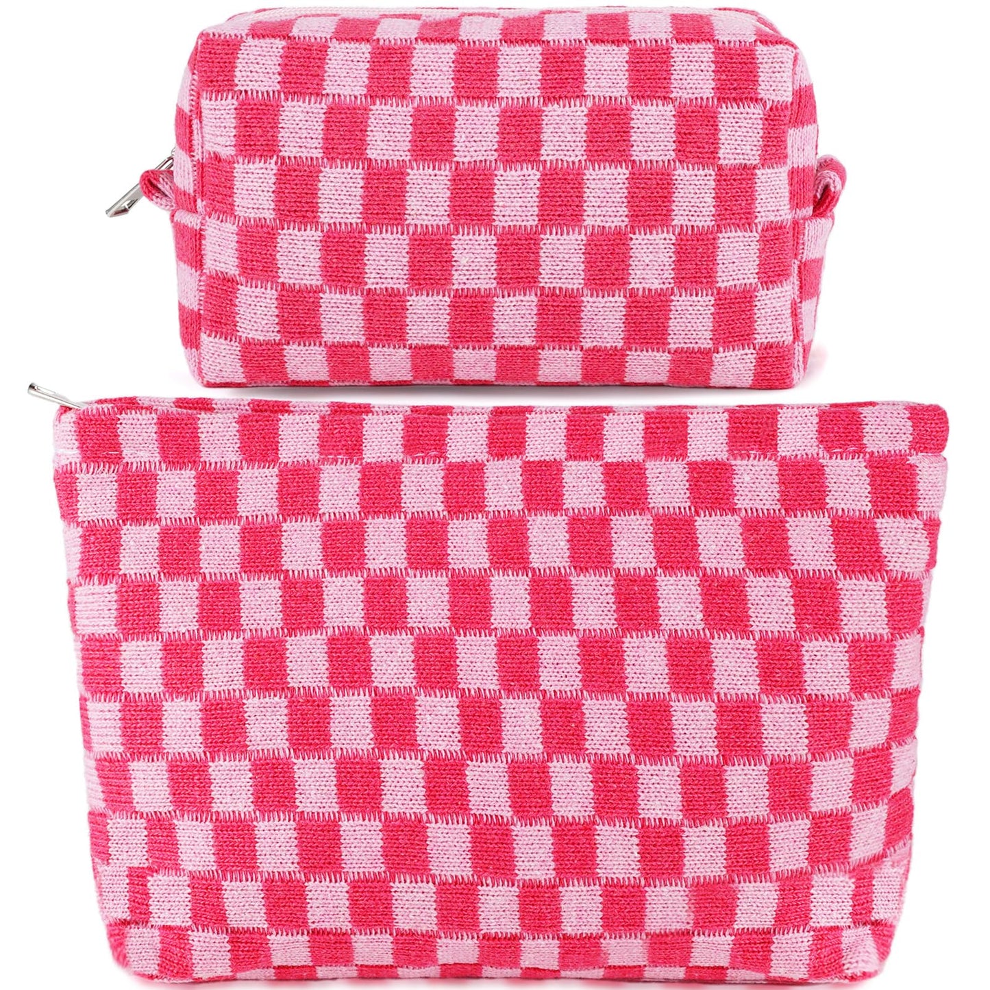 ZLFSRQ 2Pcs Checkered Makeup Bag Set – Large & Small Cosmetic Travel Toiletry Pouches for Women, Cute Preppy Pink Zipper Bags